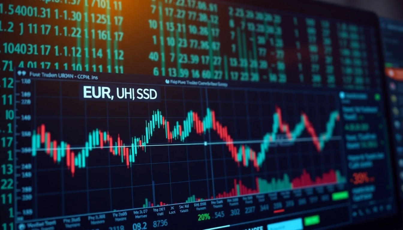 Dunkles Devisenhandel-Terminal mit EUR/USD und GBP/USD Charts, cyan leuchtende Datenströme und Pip-Anzeigen, professionelle Handelsplattform-Ästhetik, Matrix-artige Zahlen im Hintergrund