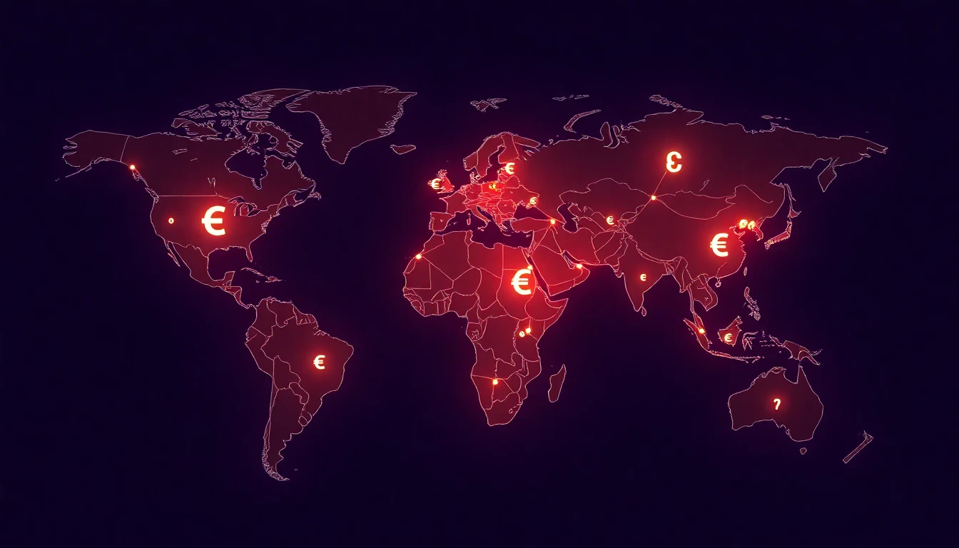 Weltkarte mit Währungssymbolen ($, €, £, ¥) verbunden durch leuchtende Linien, globaler Devisenhandel visualisiert